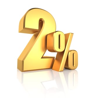2 percent off. gold metal letters on reflective floor. white background. discount 3d render