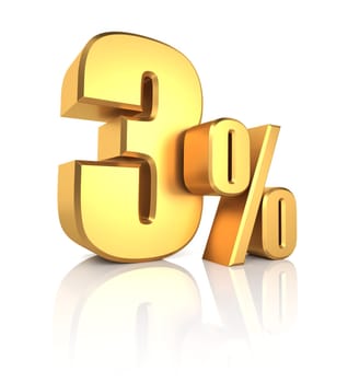 3 percent off. gold metal letters on reflective floor. white background. discount 3d render