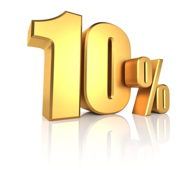 10 percent on white background. 3d rendering of a gold metal discount