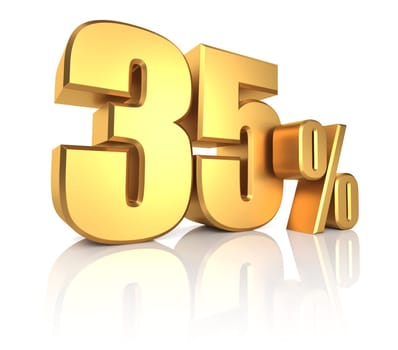 35 percent on white background with shadow. 3d rendering of gold metal discount