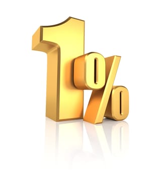 1 percent off. gold metal letters on reflective floor. white background. discount 3d render