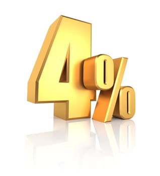 4 percent off. gold metal letters on reflective floor. white background. discount 3d render