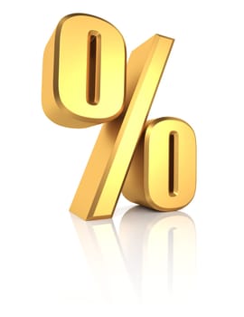 percent sign. gold metal letter on reflective floor. white background. 3d render