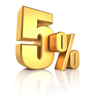 5 percent off. gold metal letters on reflective floor. white background. discount 3d render