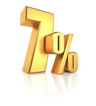 7 percent off. gold metal letters on reflective floor. white background. discount 3d render