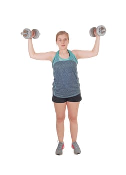 A fit young slim woman standing isolated for white background and.lifting two dumbbell's up to exercise her strength.