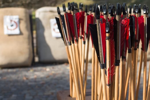 Group of used old red wooden arrows on target background.
