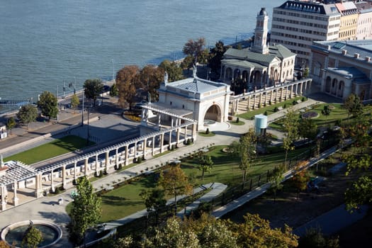 Public park with buildings in Budapest in Hungary close to the Danube.
