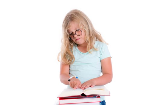 sweet funny girl with pile of books and round glasses