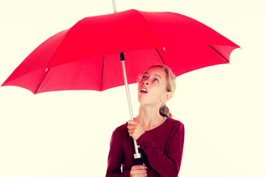 blond girl with red umbrella in frontof white background