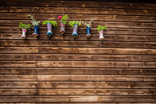Display of flowers in kids wellies hanged on a barn wall on a farm