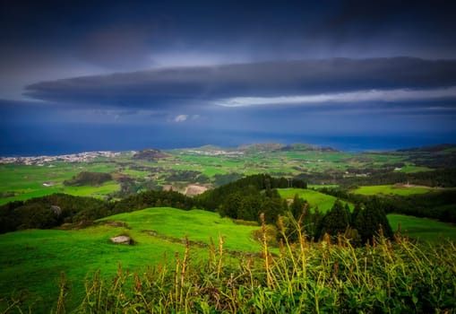 Beautiful green rolling hills on the Sao Miguel countryside, Azores archipelago, Portugal