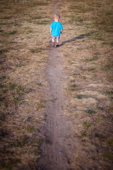 Little boy walking on a narrow path in the countryside