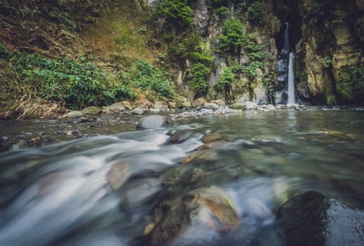 Two tier waterfall in a gorge,  Sao Miguel Island, Azores, Portugal