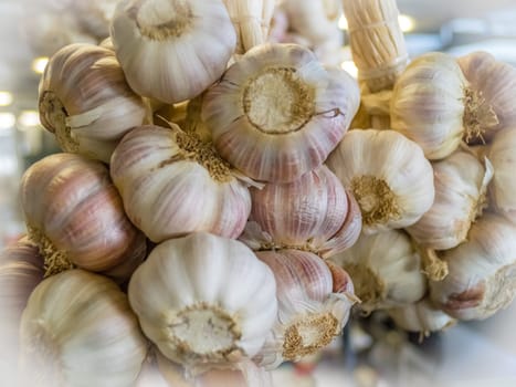 Pile of fresh garlic on sale in the market in Ponta Delgada, azores, Portugal