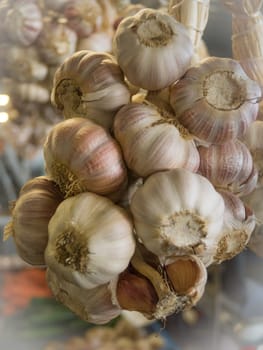 Pile of fresh garlic on sale in the market in Ponta Delgada, azores, Portugal