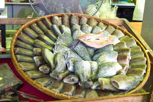 Trichogaster pectoralis arrange on rattan in market in asian food thai food (Fish)