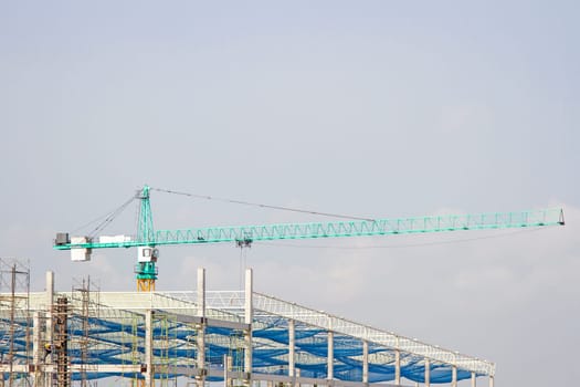 Cranes in green on  daylight and working