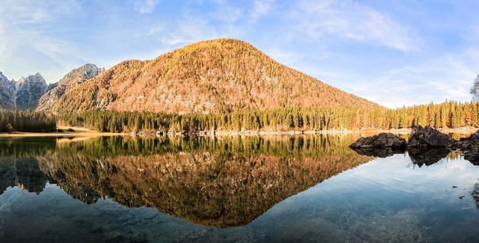 Mountains panorama.  Alpine landscape with lake. Lake of Fusine,Tarvisio,Italy.