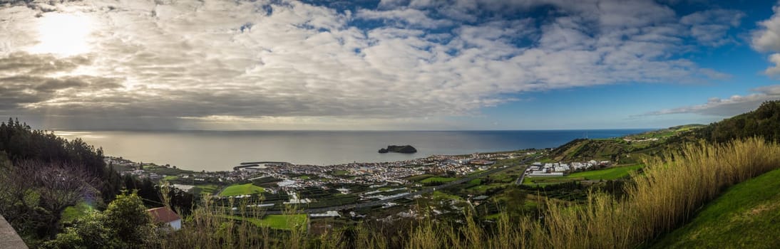 View of the small Ilheu island as seen from the courtyard of the Our Lady of Peace chapel in Franca do Campo in Sao Miguel Island in the Azores.
