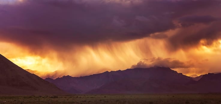 Rare storm and rain falling in the remote area of Western Tibet