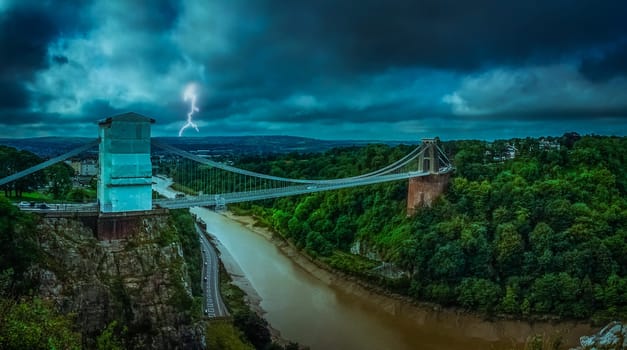 Clifton suspension bridge during storm, Bristol, England, UK
