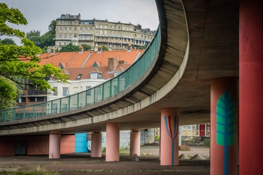 Concrete girder piers of a highway exit on the outskirts of Bristol, England, UK