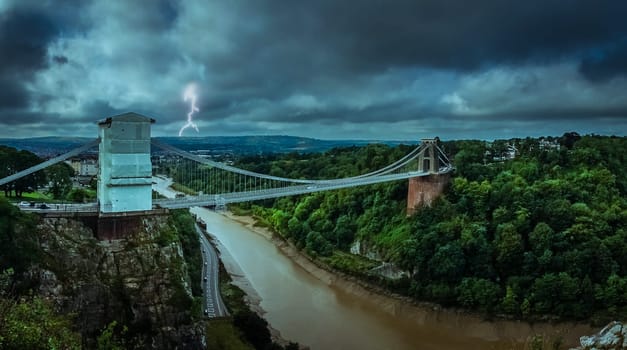 Clifton suspension bridge during storm, Bristol, England, UK