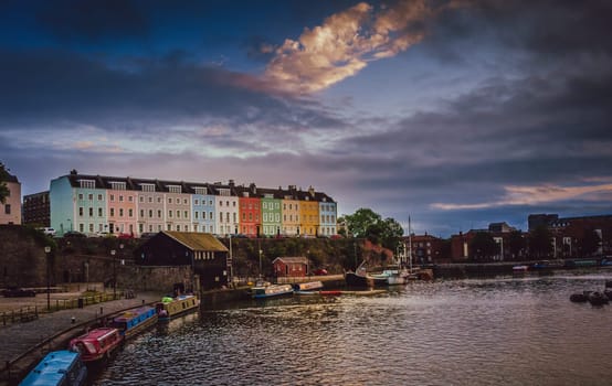 Colorful homes on the hillside in the harbour in Bristol, England, UK