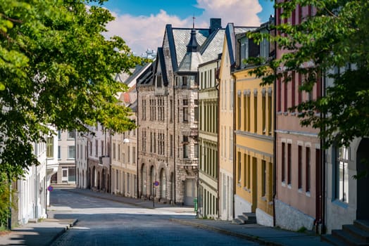 Alesund, Norway.  View of central city part with historic art nouveau architectural style in which most of the town was rebuilt after a fire in 1904. Popular tourist destination in Scandinavia, Europe