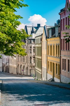 Alesund, Norway.  View of central city part with historic art nouveau architectural style in which most of the town was rebuilt after a fire in 1904. Popular tourist destination in Scandinavia, Europe