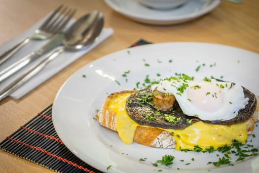 Mushroom Egg Benedict sandwich served for breakfast
