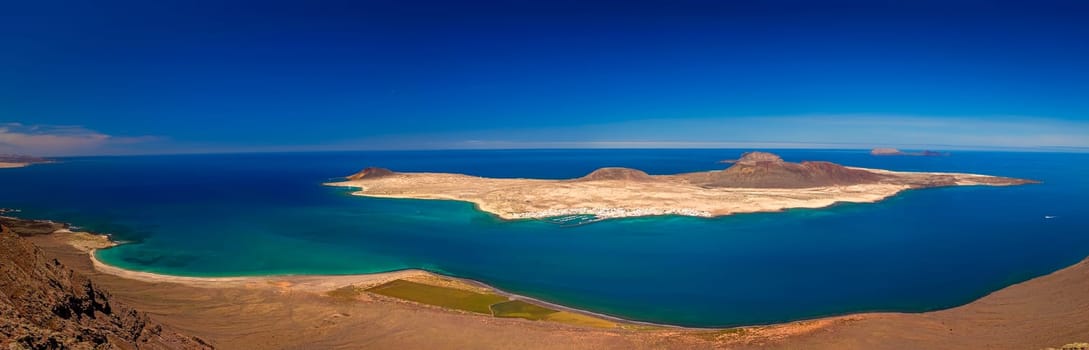 View of the La Graciosa, Allegranza and Montana Clara islands as seen from the Mirador del Rio, Lanzarote, Canary Islands, Spain