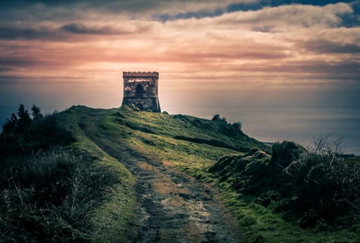 Small old castle on top of a mountain from where there is a stunning view of the Furnas Lake, Sao Miguel island, Azores, Portugal
