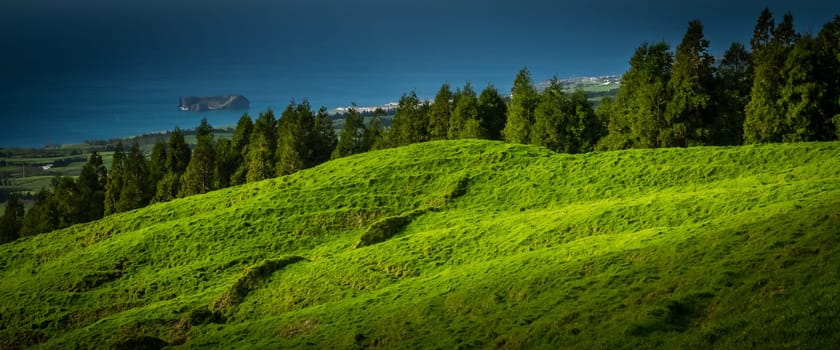 Beautiful green rolling hills on the Sao Miguel countryside, Azores archipelago, Portugal