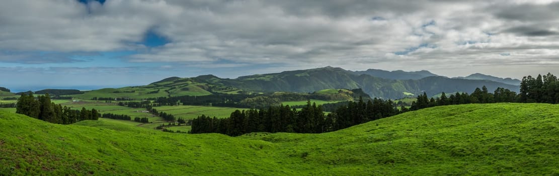 Beautiful green rolling hills on the Sao Miguel countryside, Azores archipelago, Portugal