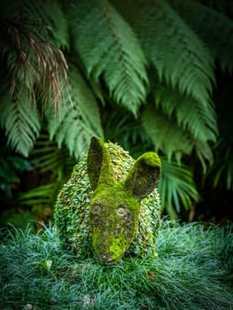 Moss covered rabbit sculpture in The Terra Nostra Garden in Furnas,  on Sao Miguel island, Azores, Portugal