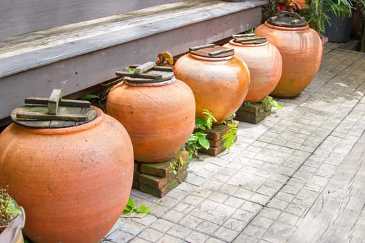 Five ancient orange jars are arranged together.