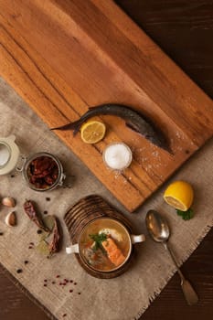 Tasty fish soup - ukha, soup from different fishes and vegetables