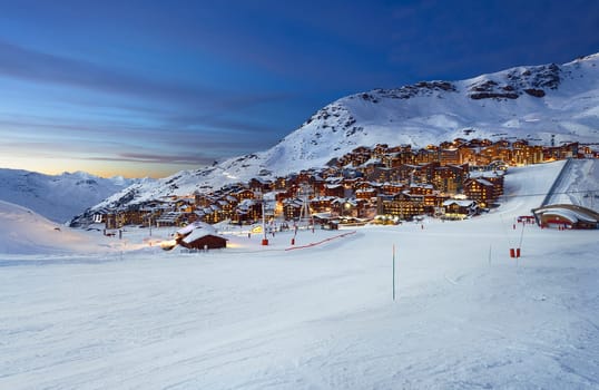 Panorama of famous Val Thorens in french alps by night, Vanoise, France.