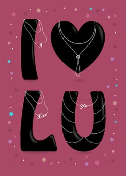I love you. Black big heart and letters - I, L and U. Pearl collars with texts as pendants. Colorful frame of stars, confetti and hearts. Purple Background.  Illustration