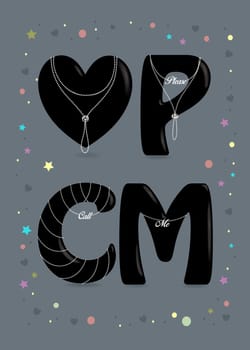 Please Call Me. Black big heart and letters - P, C and M. Pearl collars with texts as pendants. Colorful frame of stars, confetti and hearts. Gray Background.  Illustration