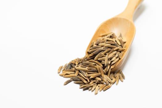 Paddy in the wooden spoon on a white background