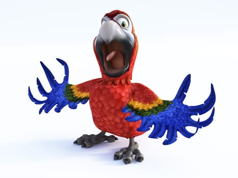 3D rendering of cartoon parrot screaming and looking very angry with its wings out. White background.