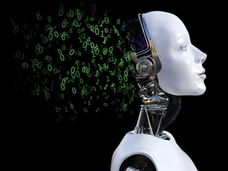 3D rendering of the head of a female robot. The head is breaking apart with zeros and ones coming out of it. Black background.