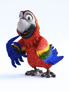3D rendering of cartoon parrot looking surprised or like he has been busted. White background.