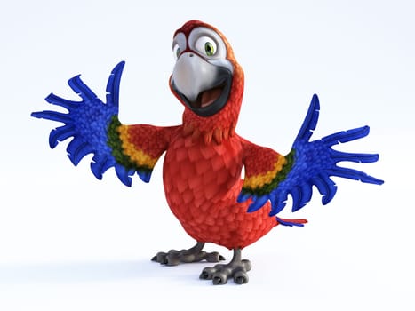 3D rendering of cartoon parrot smiling and looking very happy with its wings out. White background.