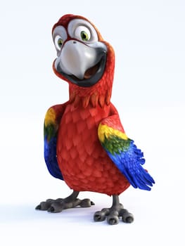 3D rendering of cartoon parrot smiling and looking very happy. White background.