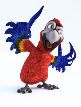3D rendering of cartoon parrot talking. White background.