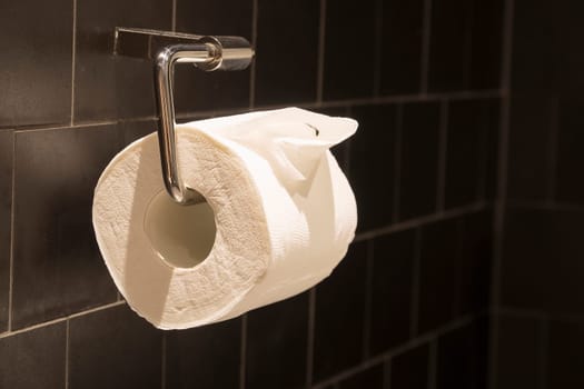 Tissue roll adjacent to the black wall.